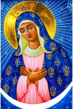 Ic&ocirc;ne russe orthodoxe sainte vierge marie dieu bleu &eacute;toile or couronne rayon soleil peinture lune lumi&egrave;re amour