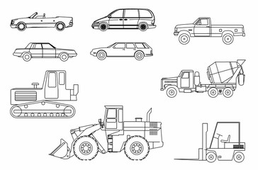  Graphics. 5 cars, tractor, bulldozer, loader, concrete mixer