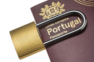 Portuguese international European, European Union foreign passport. The padlock is closed, a symbol of the travel ban. Border customs concept.
