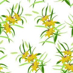 Obraz premium Blossom floral seamless pattern. Lily flowers, branches, leaves scattered random. Trendy abstract vector texture. Good for fashion print, fabric, design. Hand drawn yellow flowers on white background