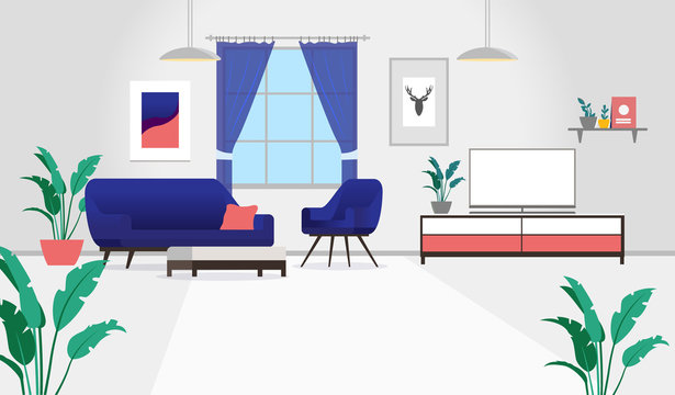 Apartment Interior Elements - Empty Living Room Scene, With Couch, Chair, Tv Stand, Plants And Art On Wall. Vector Illustration.