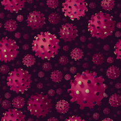 Seamless background of COVID-19 coronavirus. Many red viruses are dangerous infection. Pathogenic COVID19 infectious fever coronavirus causing an outbreak of pneumonia. Print on reusable medical mask.