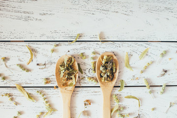 Natural organic herbal green tea in wooden spoons.