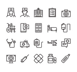 Medicine health care emergency hospital isolated outline icon set collection. Vector flat graphic design cartoon illustration