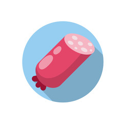Sausages. Meat food. Red nutrient object. Sliced half of bologna for a sandwich. Icon for the app in a blue circle © Taras