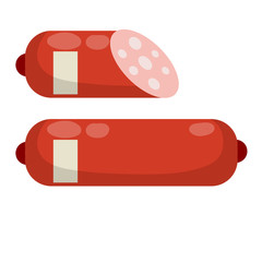 Set of sausage. Meat food. Red nutrient object. Sliced half of bologna for a sandwich. Cartoon flat illustration
