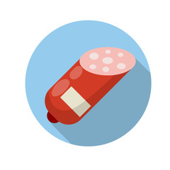 Sausages. Meat food. Red nutrient object. Sliced half of bologna for a sandwich. Icon for the app in a blue circle