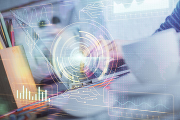 Double exposure of woman hands working on computer and data theme hologram drawing. Tech concept.