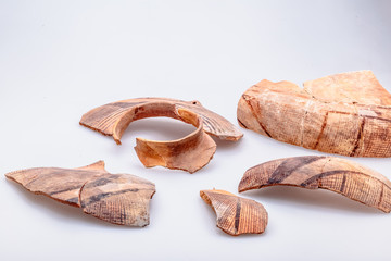 Archaeological excavations. The remains of ancient ancient clay jugs. Tripolie.