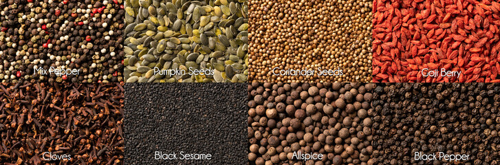 Panel with many spices and herbs