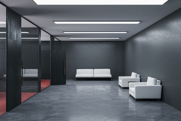 Modern waiting room with chairs and blank gray concrete wall