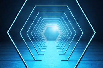 Modern blue futuristic interior with abstract luminous hexagon corridor