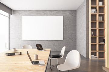 Minimalistic conference room interior with blank banner o