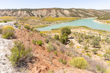 a view over the Francisco Abellan Reservoir/dam in La Peza, province of Granada, Andalusia, Spain