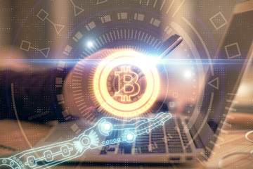 Double exposure of man's hands holding and using a phone and crypto currency blockchain theme...