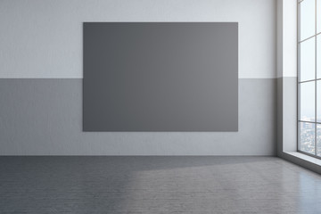 Minimalistic gallery interior with blank gray poster