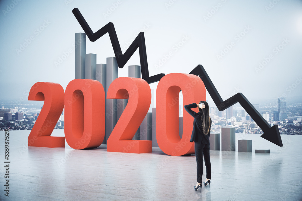 Sticker Businesswoman looking on falling chart and arrow