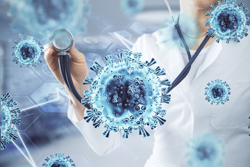 Doctor with stethoscope and glowing coronavirus cell