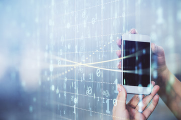 Double exposure of technology sketch hologram and woman holding and using a mobile device.