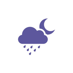 Weather pictogram. Forecast icon. Cloudy night symbol. Rain cloud in night sky with moon behind. Rain fall. Overcast evening.