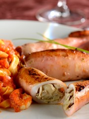 Squid stuffed with fresh champignon and fettuccini with shrimp sauce