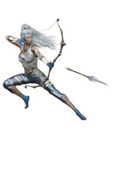 Caucasian Elf Archer Woman with Bow and Arrow on Isolated White Background, 3D illustration, 3D Rendering