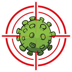 Illustration cartoon with crosshairs over corona virus a microorganism, COVID-19, H1N1, disinfection, sterilization or sanitization. Ideal for educational and institutional material