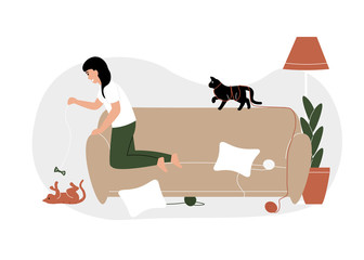 Girl playing with her cats on the sofa at home. Stay home concept. Ncov, covid. Prevention Coronovirus. Novel coronavirus pandemic. Flat vector cartoon modern illustration.