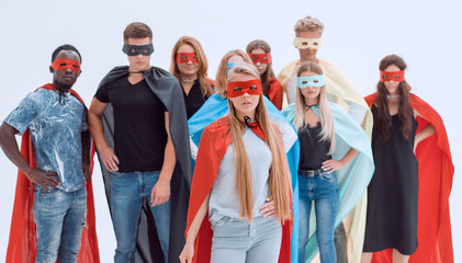 close up. girl leader standing in front of her super team.