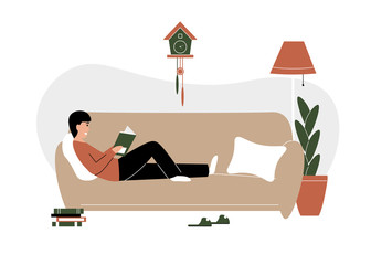 Young guy rest on the sofa at home and reading a book. Stay home concept. Ncov, covid. Prevention Coronovirus. Novel coronavirus pandemic. Flat vector cartoon modern illustration.