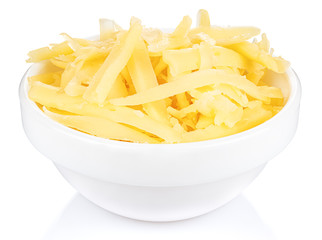 Grated cheese in a small white ceramic round bowl isolated on white background