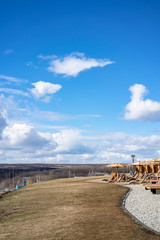 umbrellas and sunbeds on the recreation area against the sky