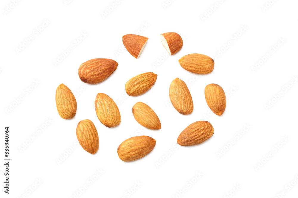 Wall mural almonds isolated on a white background. Food. top view