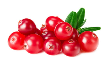 Cranberry with green leaves isolated on white background