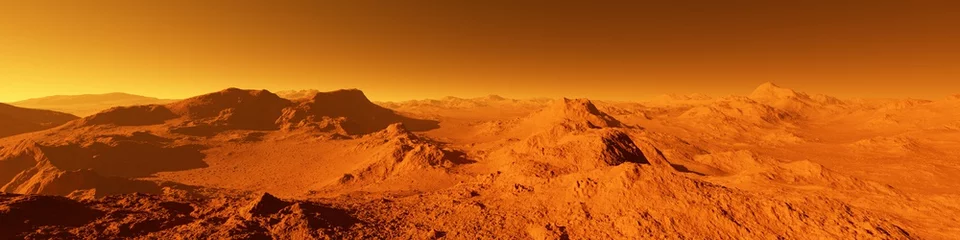 Wall murals orange glow Wide panorama of mars - the red planet - landscape with mountains and impact crater during sunrise or sunset