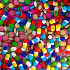 Fototapeta na wymiar Multicolor pills and capsules background top view flat lay from above - medicine, pharmacy industry or healthcare concept