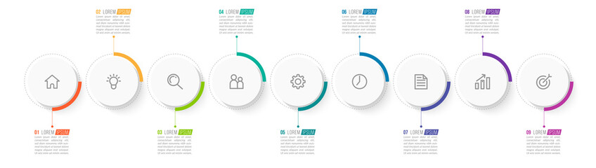 Minimal Business Infographics template. Timeline with 9 steps, options and marketing icons .Vector linear infographic with nine conected elements. Can be use for presentation.