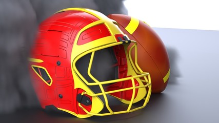 American football Red-Yellow helmet and Ball with dark black toned foggy smoke under black-white laser lighting. 3D illustration. 3D high quality rendering.
