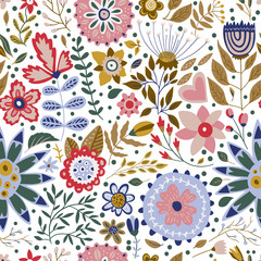 Seamless vector floral colorful pattern. Ornate flower spring and summer botanical art in a modern flat style. Romantic garden color illustration on a white background.