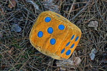 one yellow game cube made of fabric lies on gray dry grass and needles on the nature in the forest