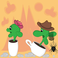 Children's illustration, vector - two cacti in circles play in love.