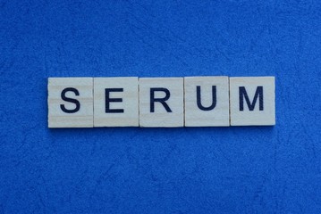  word serum made from gray letters lies on a blue background