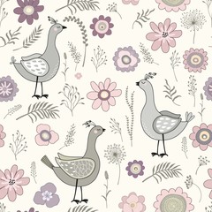  Floral seamless pattern with cute cartoon birds © Rouz