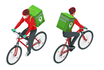 Isometric Delivery man or courier in a medical mask and gloves on Bicycle delivering food to customer at home. Online purchases during a quarantine. Contactless or to the door delivery.