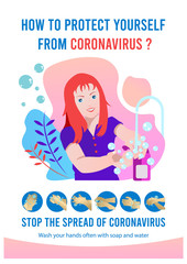 Coronavirus poster design for preventions of the virus with girl washing hands