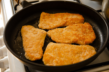 Breaded chicken cutlets in a pan