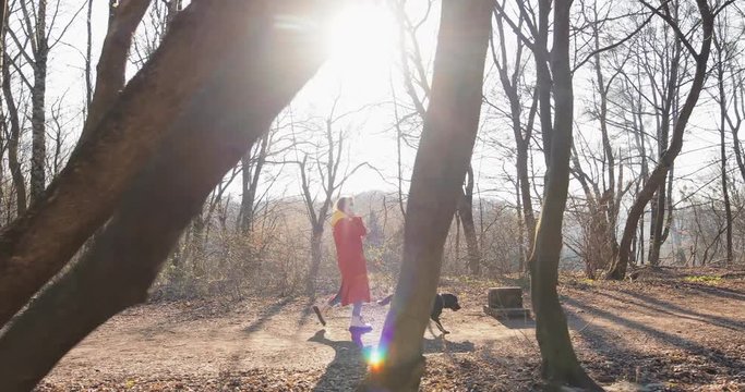 COVID-19 coronavirus infection Woman wearing Protective Face Mask talking on mobile phone walking in the park with dog. Sunny day Sun flayers pandemic disease virus epidemic air