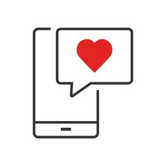 Smartphone with heart bubble. Cell phone with like and heart emoji speech bubble. Social media like icon on mobile phone. Isolated vector illustration