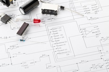 Different electronic parts or components on pcb wiring diagram with resistors, capacitors, diode...