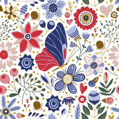 Fototapeta premium Seamless vector floral colorful pattern. Ornate flower spring and summer botanical butterfly art in a modern flat style. Romantic garden color illustration on a white background.